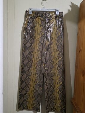 Zara Yellow & Brown Snake-Print Wide-Leg Trousers Used Size XS